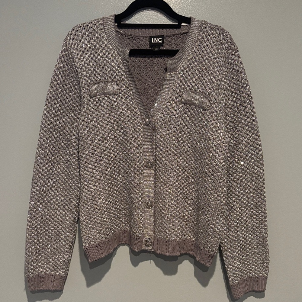 INC International Concepts Silver-Gray Textured Knit Cardigan
